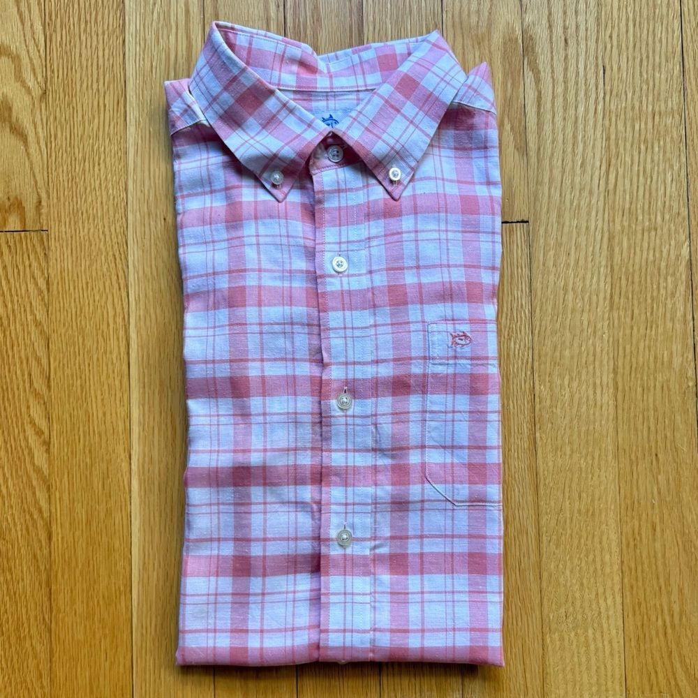 Southern Tide Men’s Long Sleeve Dress Shirt Tencel Hemp Medium Red White Plaid